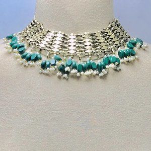 Woven Pearl Afghan Choker Necklace With Pearls and Beads, Tribal Afghan Choker